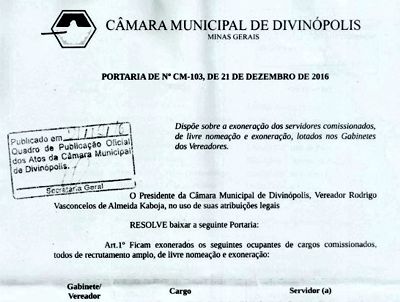Presidente da Câmara de #Divinópolis exonera 54 assessores de vereadores (veja nomes)